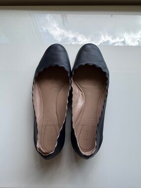 Chloe Navy Blue Scalloped Leather Ballet Flats